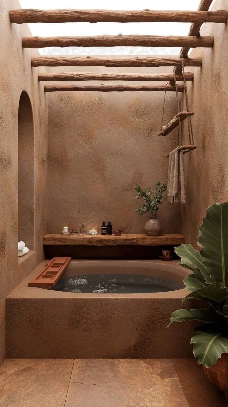 This rustic bathroom, illuminated by natural light and adorned with a wooden tub and lush greenery, embodies a serene escape into understated elegance.