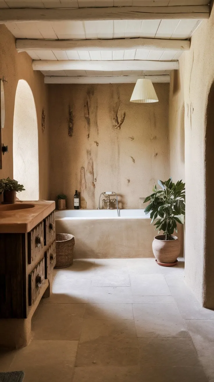 This earthy bathroom, with its rustic charm and serene ambiance, serves as a tranquil sanctuary for the soul.