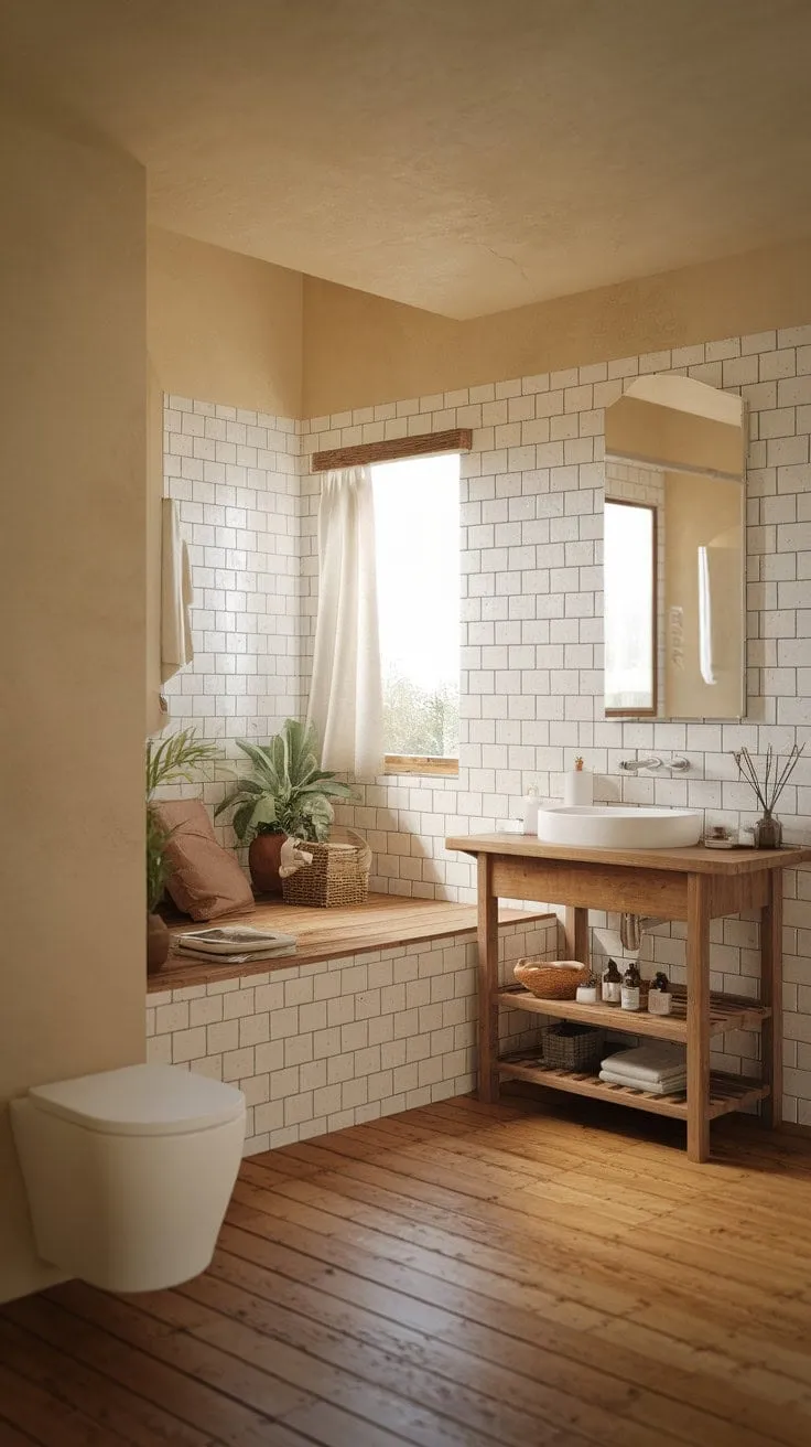 Discover a tranquil escape in this earthy bathroom, where rustic charm and modern comfort blend seamlessly amidst warm wood tones and soothing greenery.