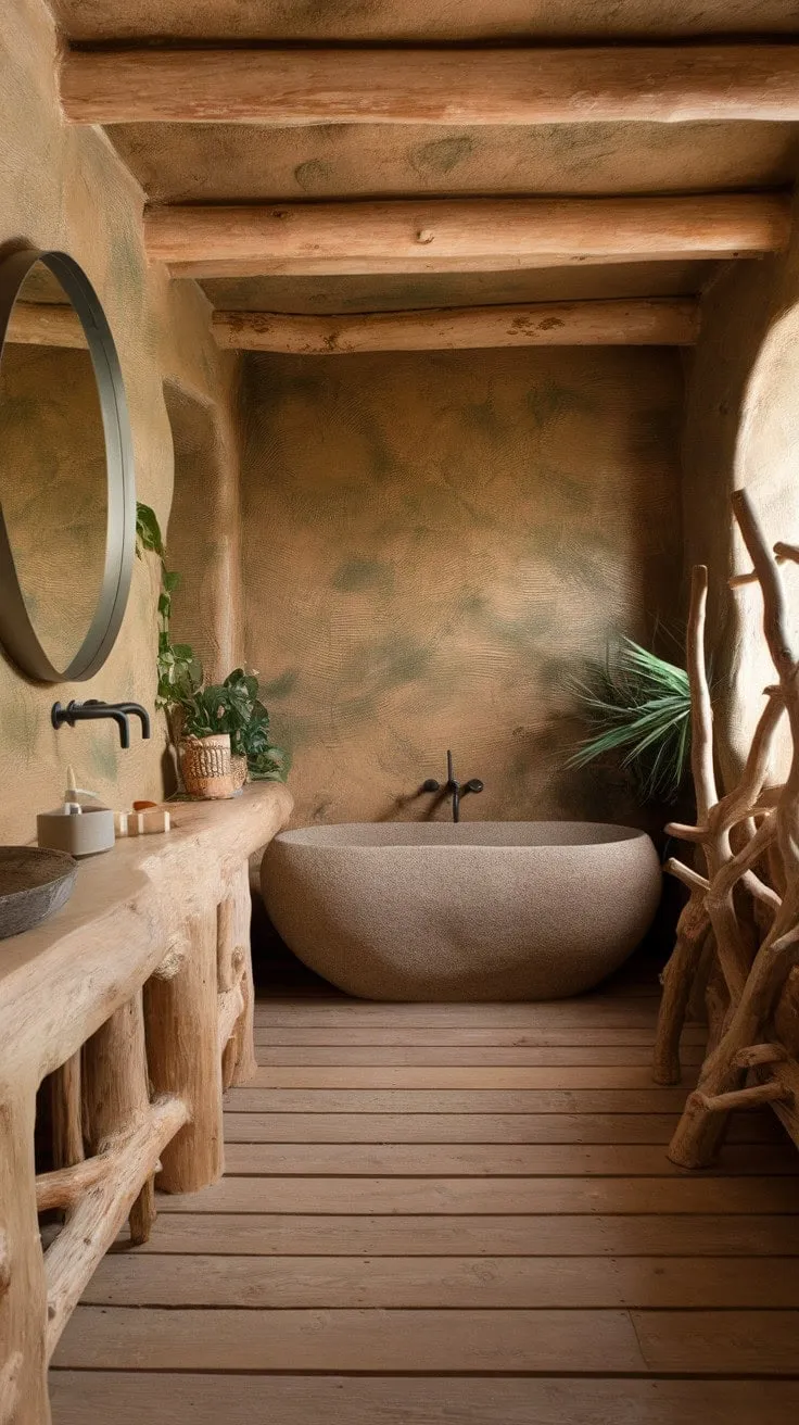Experience serene tranquility in a bathroom that harmoniously combines earthy tones and rustic elements, creating an idyllic retreat for mindful moments.