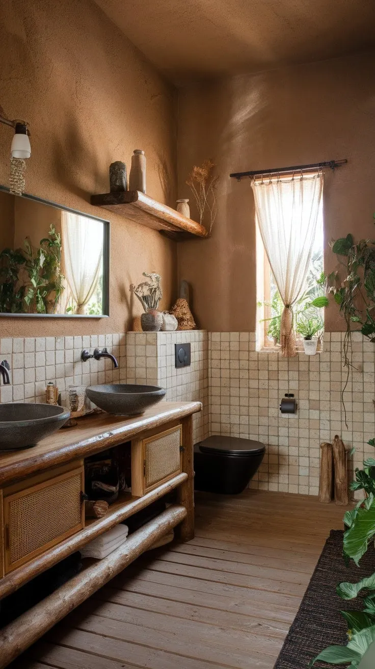 This earthy bathroom sanctuary blends rustic charm with modern comfort, offering a serene retreat infused with effortless elegance.