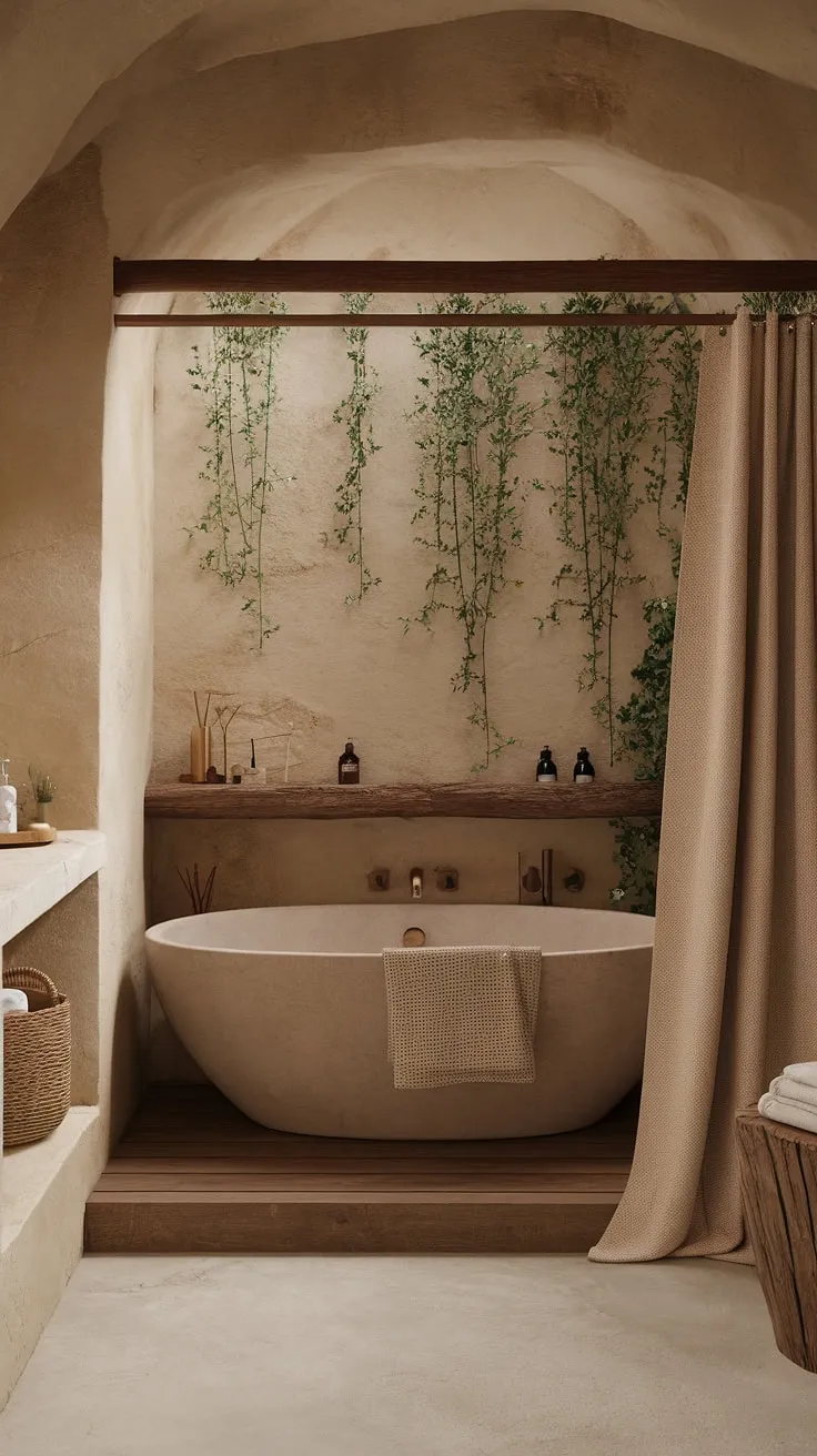 With its beige and brown color scheme, freestanding bathtub, and soft lighting, this earthy bathroom exemplifies the perfect blend of rustic charm and serene bathroom design.