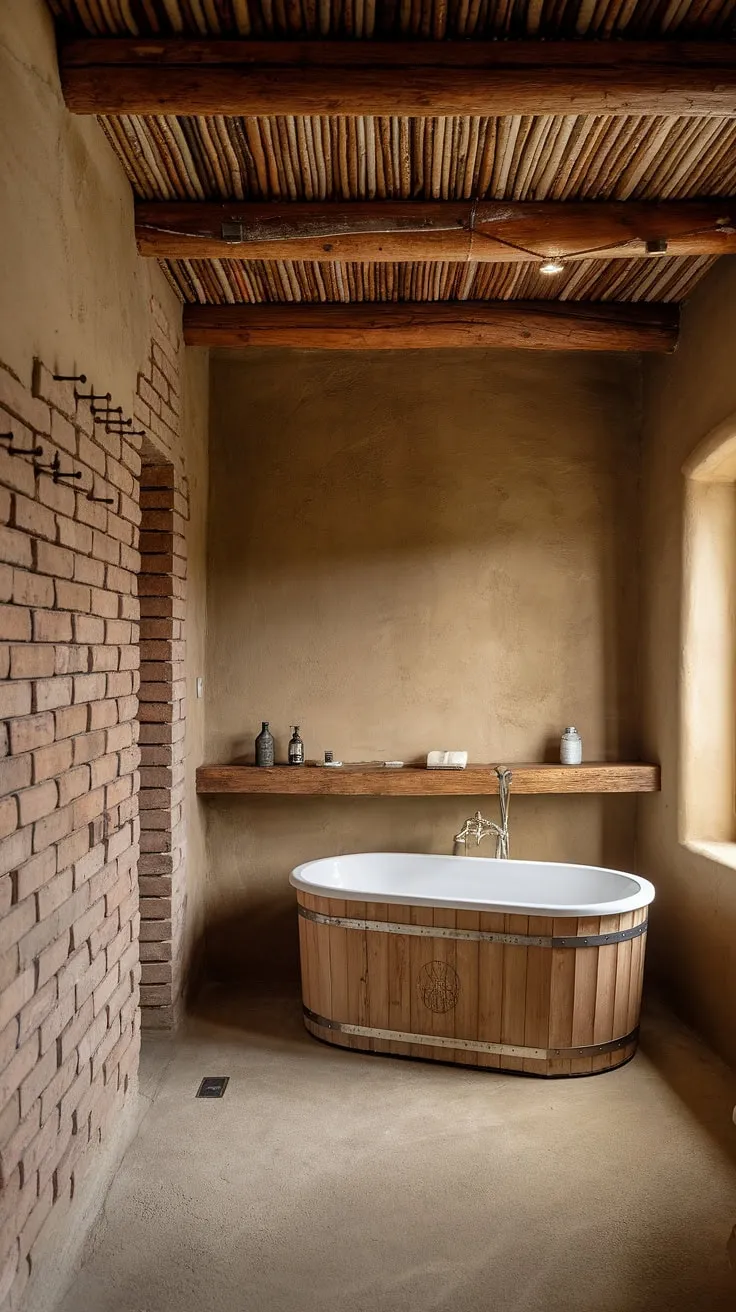 This earthy bathroom, featuring rustic design elements like a wooden beam ceiling and exposed brick walls, serves as the ultimate bathroom inspiration for anyone seeking a natural and organic dream bathroom.