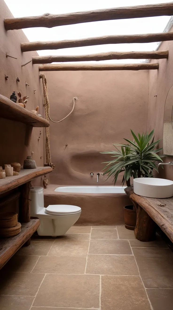 With its beige tiles, potted plants, and rustic accents, this natural bathroom embodies the essence of earthy home design and offers a tranquil retreat for bathroom decor enthusiasts.