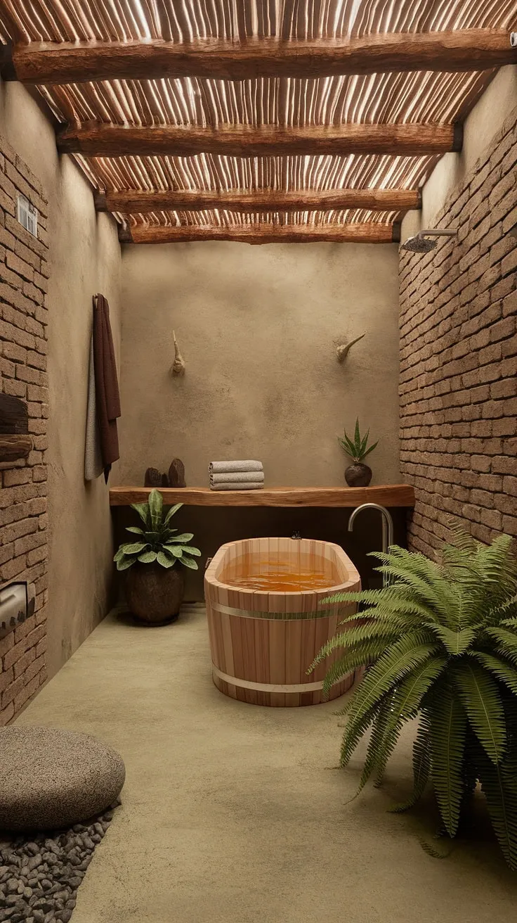 This earthy bathroom, featuring rustic design elements like a freestanding wooden bathtub and exposed brick walls, serves as the ultimate inspiration for a natural and organic dream bathroom.
