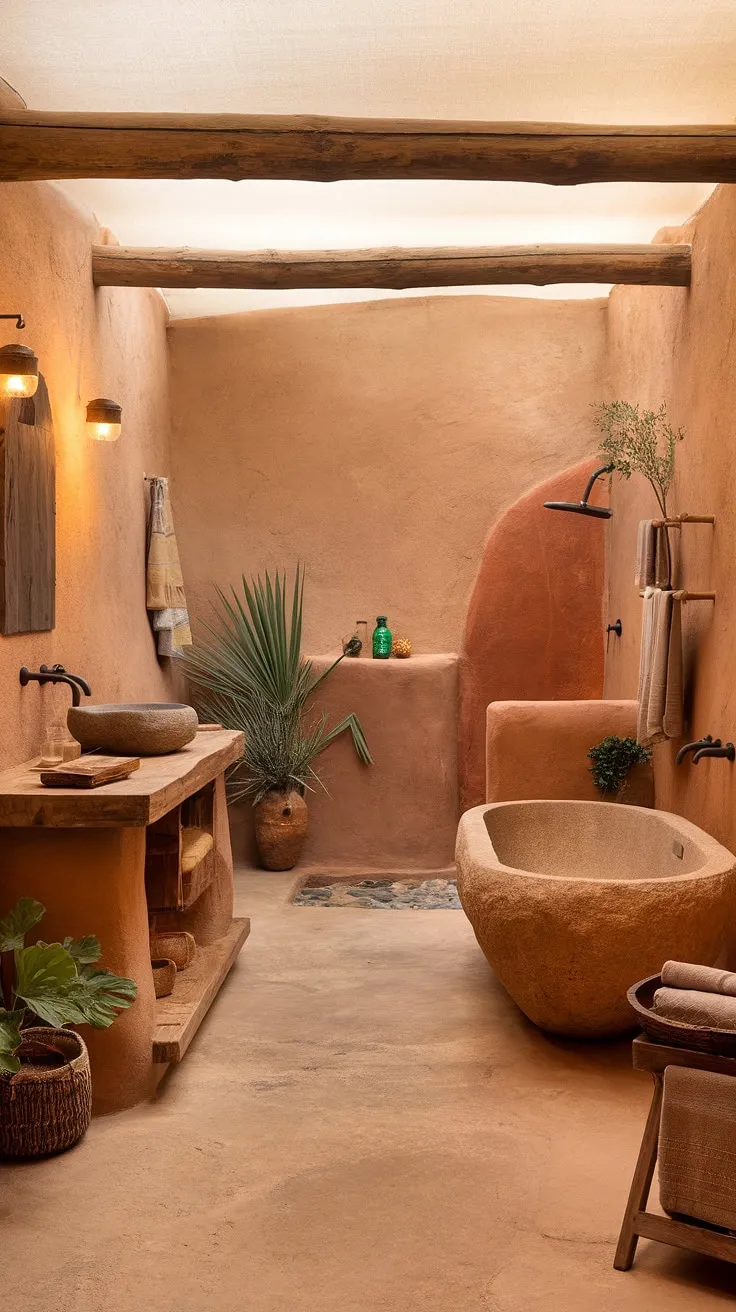 This earthy bathroom, featuring a rustic design with natural tones, a stone bathtub, and warm lighting, serves as the ultimate inspiration for your dream organic bathroom decor.