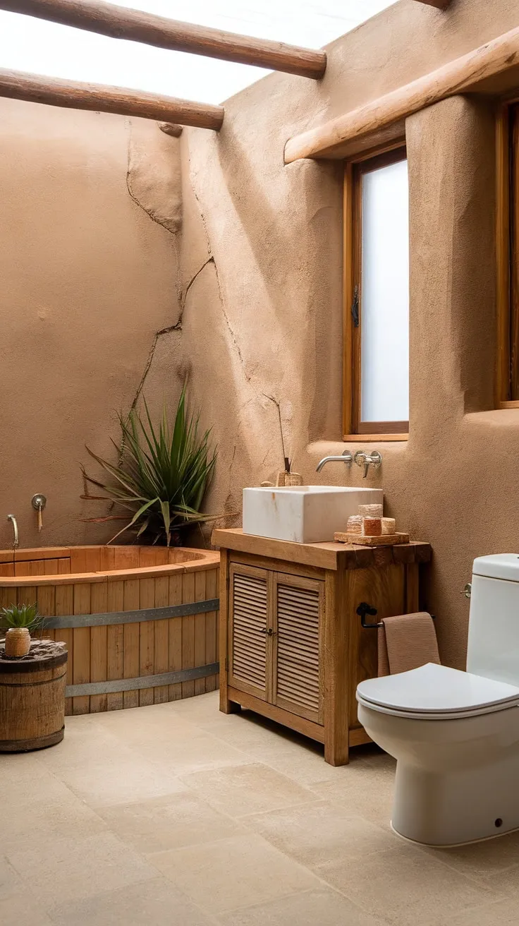 This earthy bathroom, featuring a rustic design with a wooden bathtub and stone walls, serves as perfect bathroom inspiration for anyone seeking a natural and organic dream bathroom.