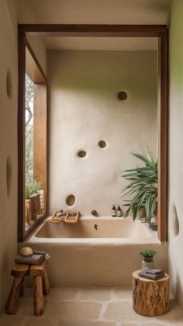 Featuring a large window that floods the room with light, this earthy home design showcases bathroom decor that harmonizes rustic charm with a calming atmosphere.