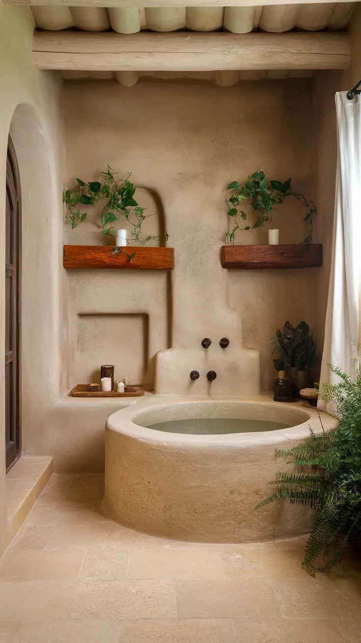 With its earthy home design, including wooden shelves adorned with plants and a calming stone wall, this natural bathroom embodies the essence of a dream bathroom that harmonizes rustic charm and organic beauty.