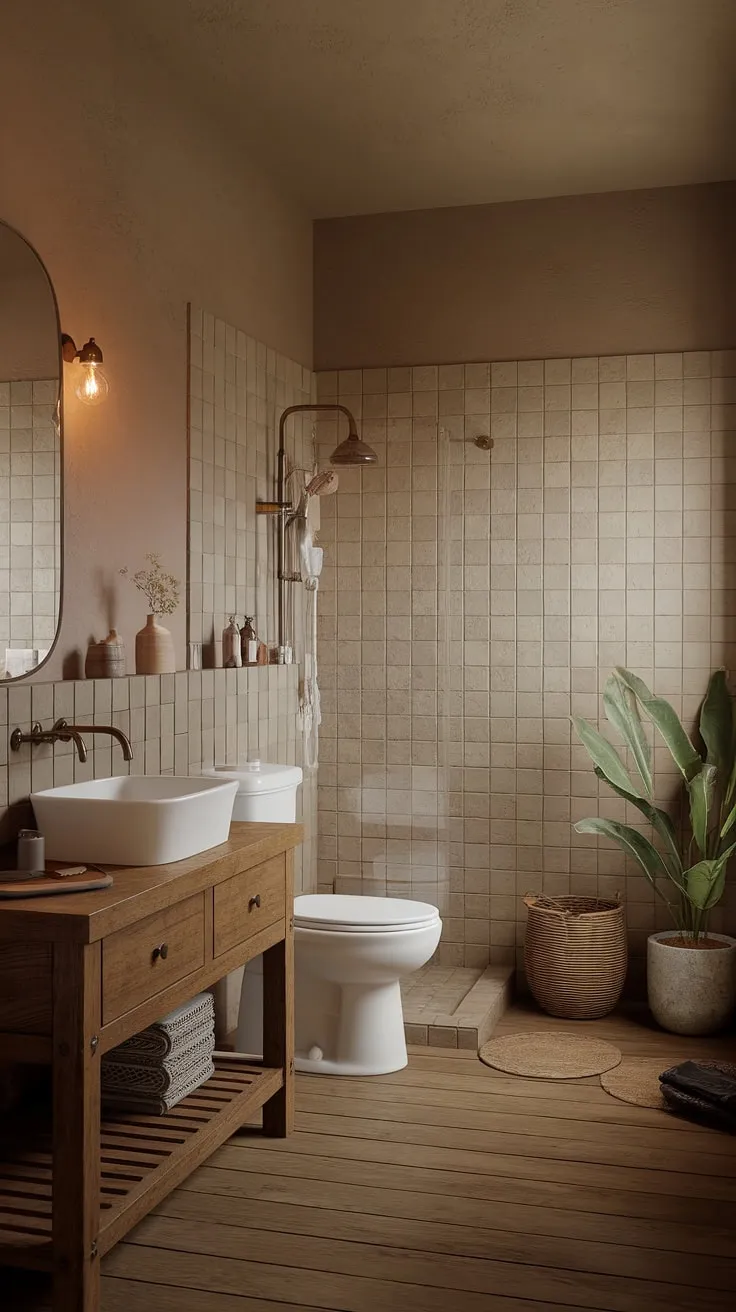 Create your ideal bathroom design with earthy tones and organic materials, showcasing a wooden floor and soothing accents for a rustic yet modern feel.