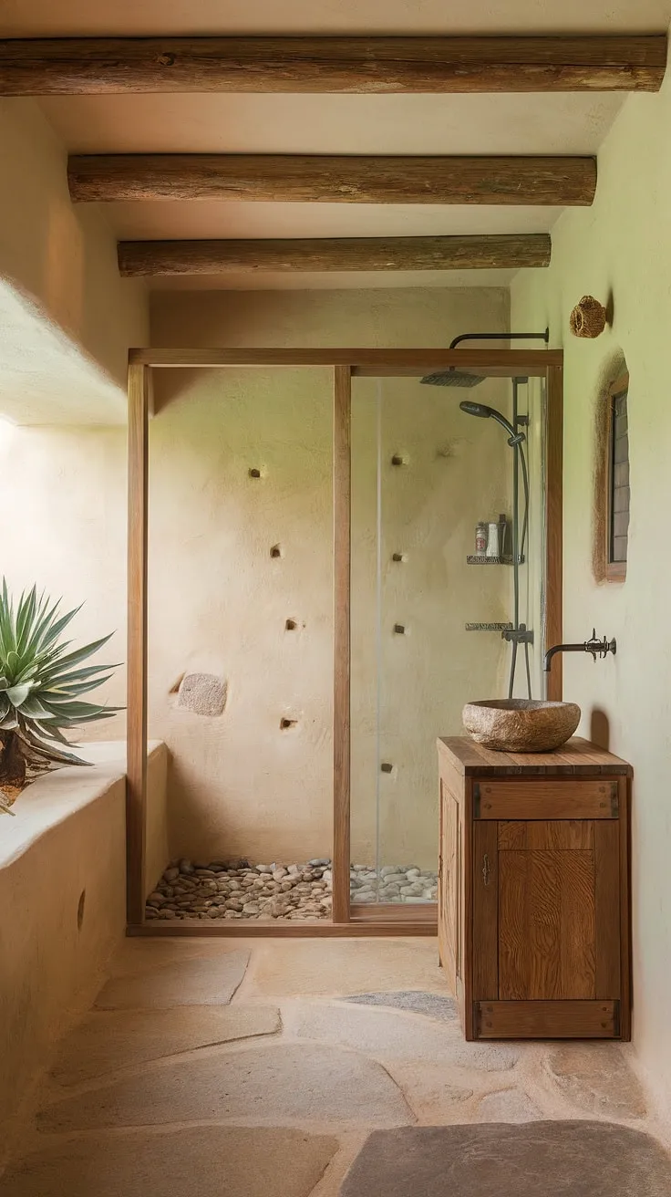 This earthy bathroom, featuring rustic wooden elements and natural textures, serves as the perfect inspiration for anyone dreaming of an organic and tranquil bathroom design.