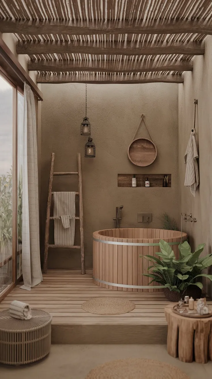 This earthy bathroom, featuring rustic wooden beams, a stone wall, and organic decor, serves as the ultimate inspiration for your dream bathroom design.