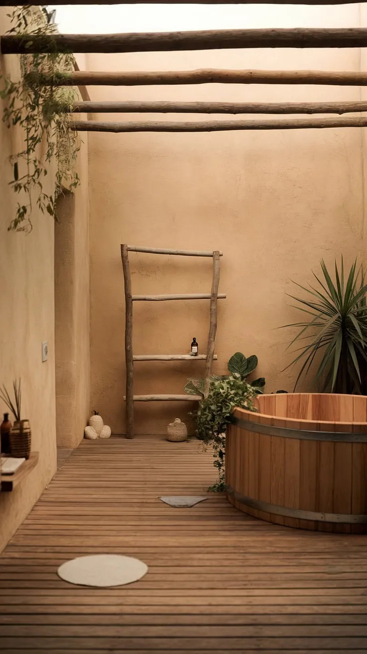 This earthy bathroom, featuring a rustic wooden floor and a large round bathtub surrounded by organic elements and plants, serves as the ultimate inspiration for your dream bathroom design.