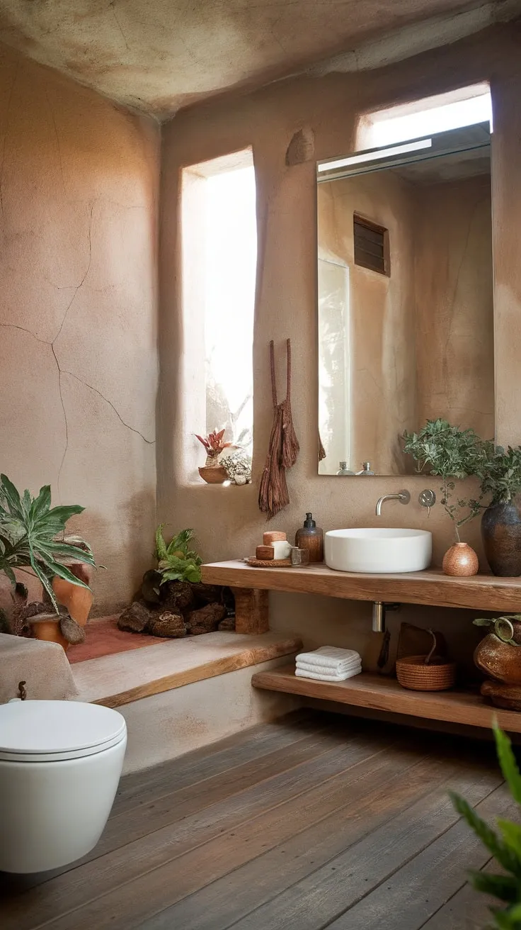 With its organic touches and earthy tones, this natural bathroom embodies the essence of earthy home design and rustic charm.