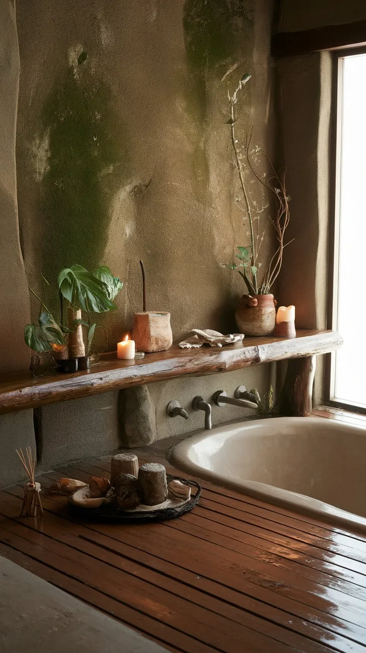 This earthy bathroom, with its rustic design, wooden floors, and organic decor, serves as the ultimate inspiration for a dream bathroom that embodies natural beauty.