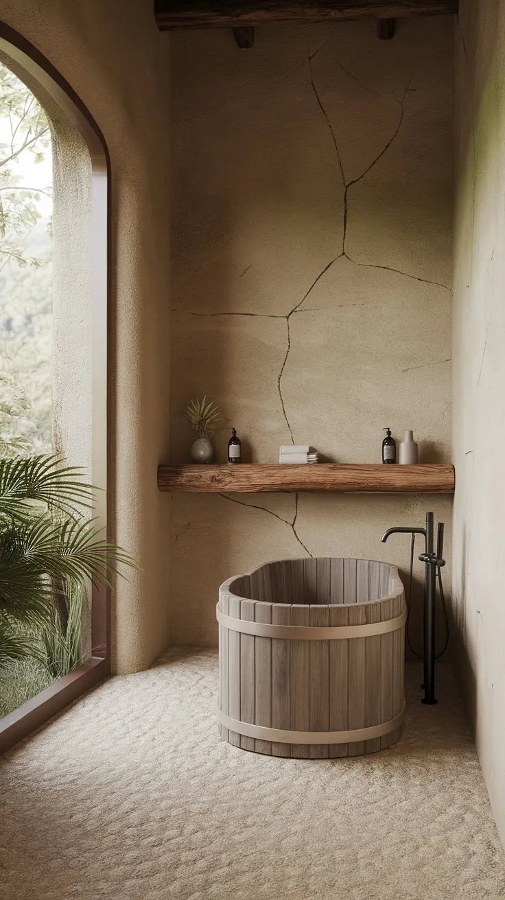 Transform your dream bathroom into an earthy oasis with rustic design elements like a wooden freestanding tub, stone walls, and natural decor that harmonizes with nature.