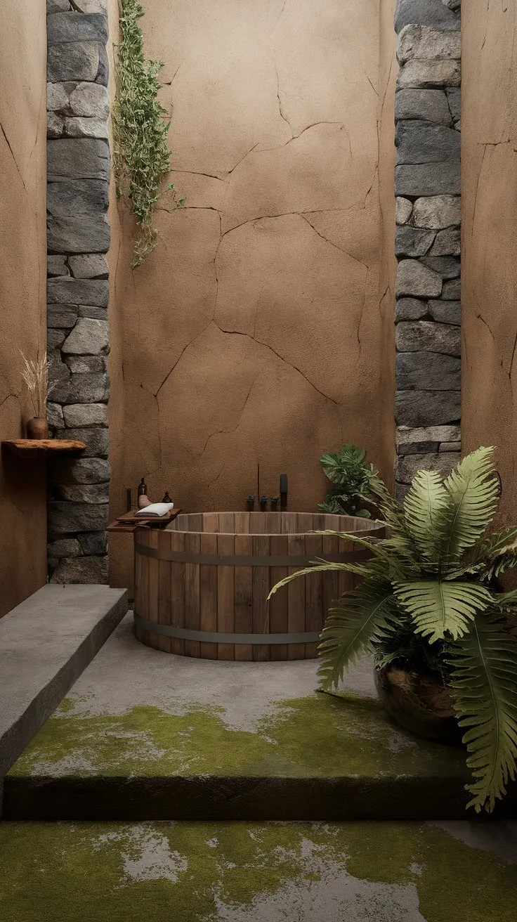 With its natural elements like moss and potted plants, this earthy home design exemplifies the ideal rustic bathroom for tranquil bathroom design.