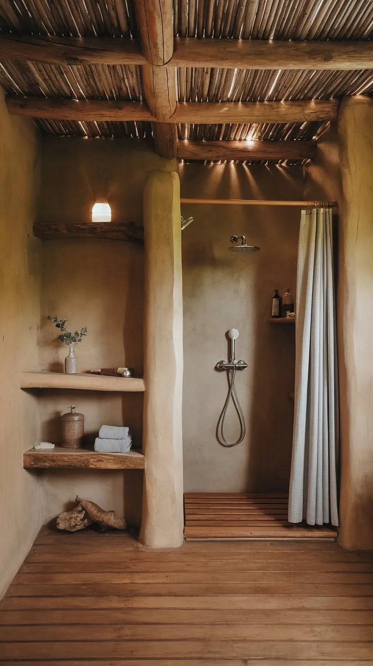 This earthy bathroom, featuring rustic wooden floors, walls, and beams, offers inspiring bathroom decor ideas for creating your dream organic and natural bathroom design.