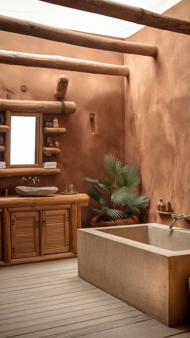 This earthy bathroom, featuring rustic design elements like a stone bathtub and wooden accents, serves as the perfect inspiration for anyone seeking a natural and organic dream bathroom.