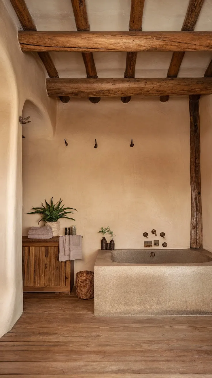 This earthy bathroom, featuring rustic wooden elements and a natural stone bathtub, serves as the perfect inspiration for your dream bathroom decor and design.