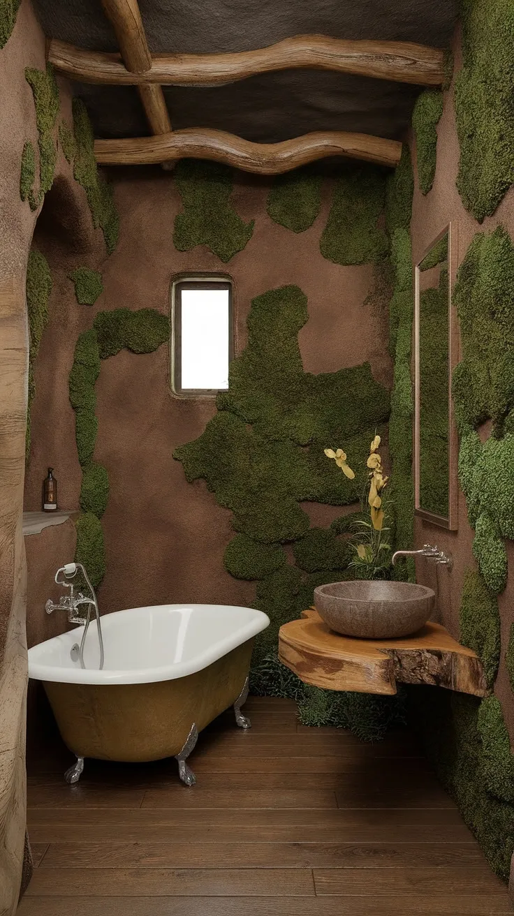 This earthy bathroom, featuring a rustic clawfoot tub and organic stone walls adorned with moss, serves as the ultimate inspiration for your dream bathroom decor and design.