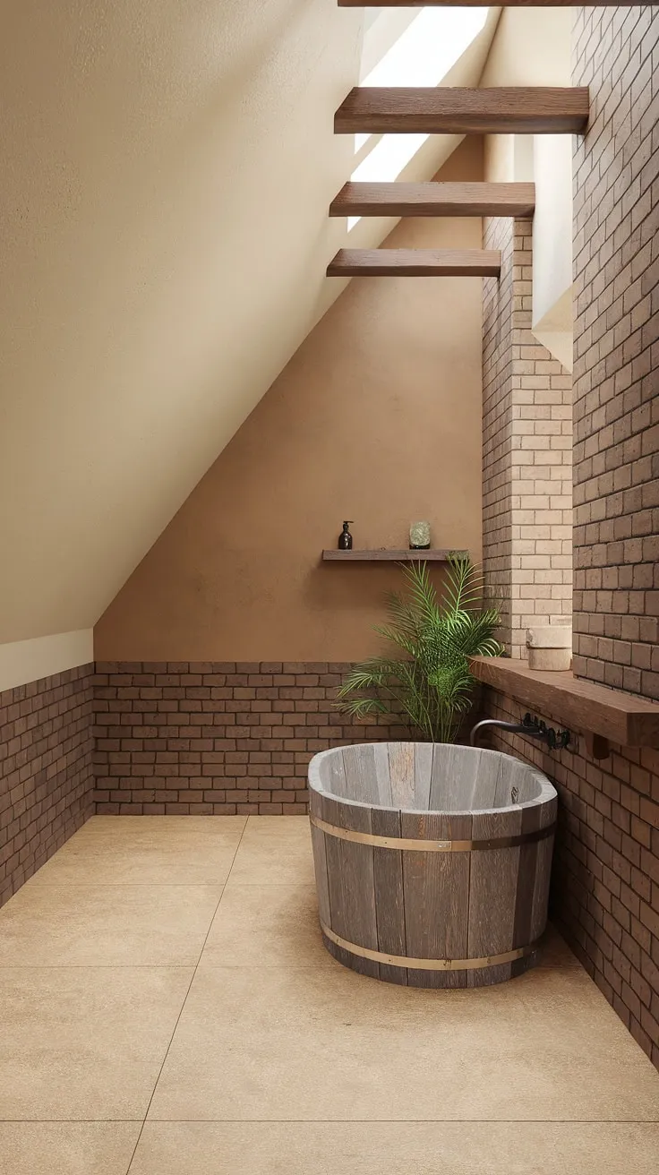 This earthy bathroom, featuring a rustic wooden bathtub and organic elements, serves as the perfect inspiration for your dream bathroom design.