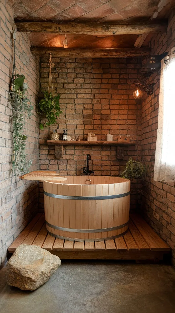 With its wooden platform, large rock feature, and warm lighting, this earthy bathroom embodies the essence of rustic bathroom design and serves as a stunning source of bathroom inspiration.