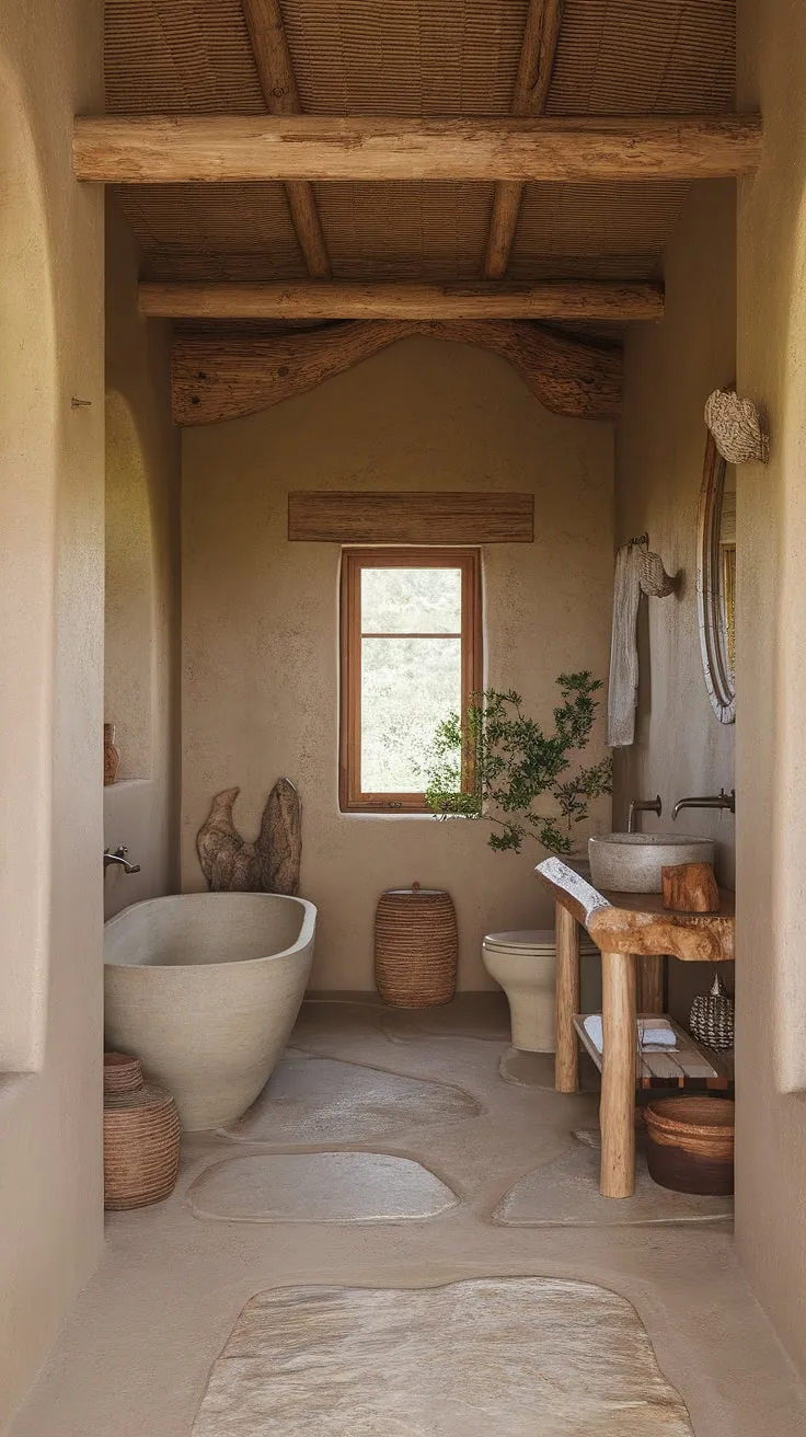 With its organic touches and tranquil ambiance, this natural bathroom embodies the essence of earthy home design and rustic charm.