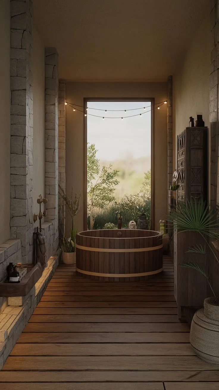 Transform your dream bathroom into an earthy oasis with rustic decor, featuring a wooden bathtub, stone walls, and natural elements for a tranquil organic retreat.