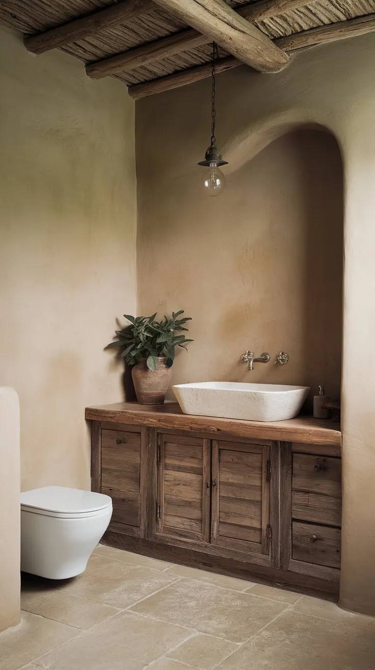 With its beige walls, wooden accents, and potted plants, this earthy bathroom exemplifies the ideal blend of rustic charm and modern bathroom design for a tranquil retreat.