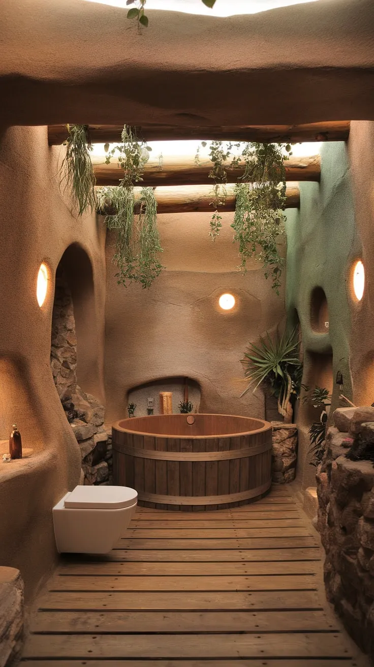 With its warm lighting, stone walls, and wooden elements, this earthy bathroom exemplifies the perfect blend of rustic charm and natural beauty for your ideal bathroom design.