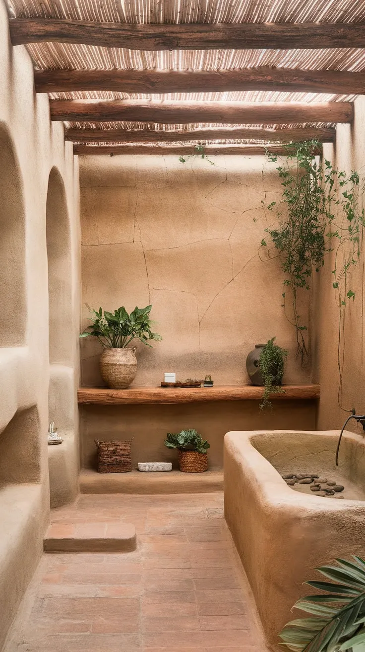 With its stone walls, terracotta tiles, and lush plants, this natural bathroom embodies the essence of earthy home design and rustic charm.