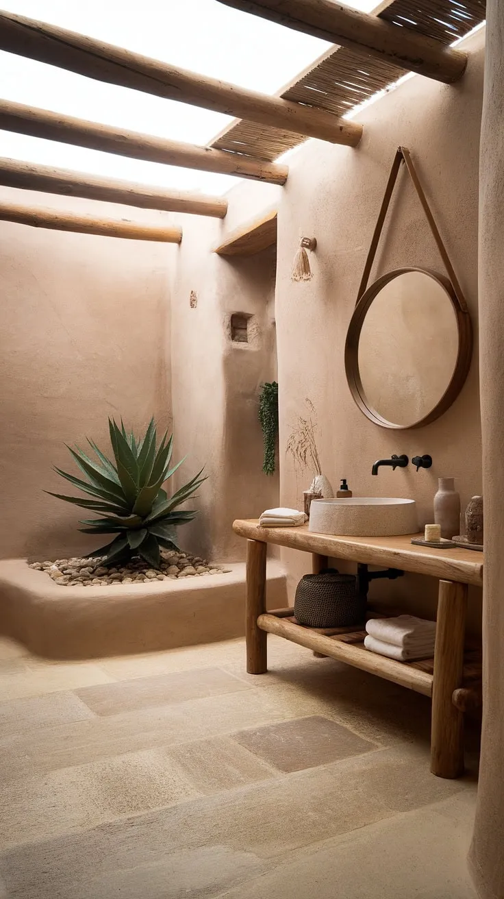 This earthy bathroom, featuring a rustic design with a wooden vanity, natural stone walls, and a potted plant, serves as perfect bathroom inspiration for creating your dream organic and natural bathroom decor.