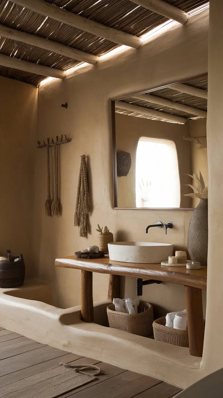 This earthy bathroom, featuring a rustic design with a wooden vanity and soft lighting, serves as the perfect inspiration for your dream organic bathroom decor.