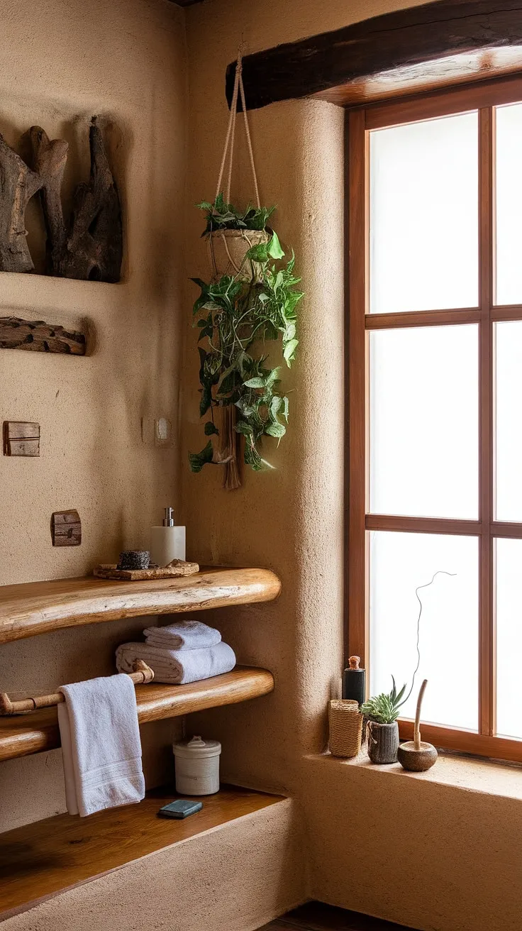 With its wooden shelves, hanging plants, and abundant natural light, this earthy bathroom exemplifies the ideal blend of rustic charm and modern bathroom design for a tranquil retreat.