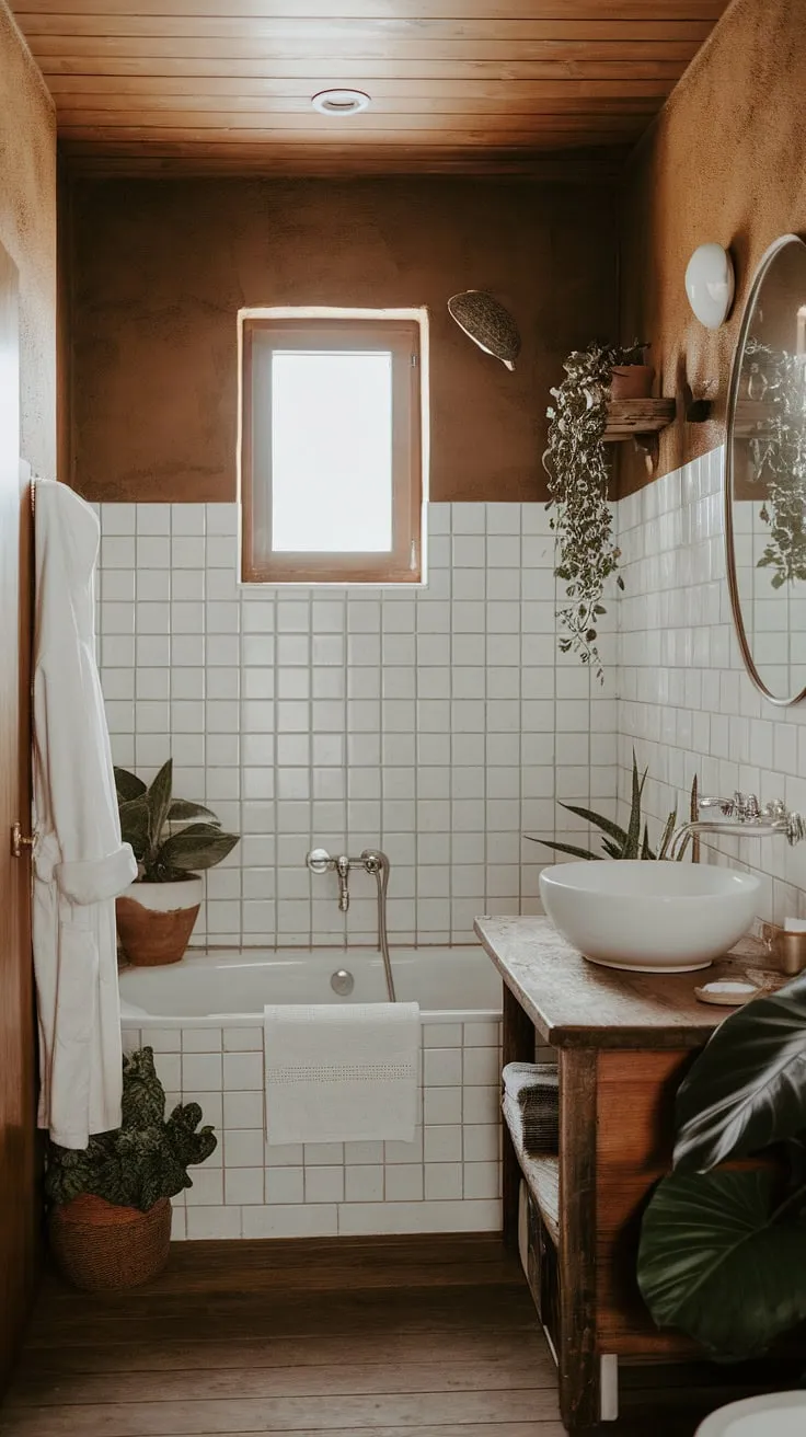 This earthy bathroom, featuring a rustic design with a wooden vanity, white bathtub, and potted plants, serves as perfect bathroom inspiration for anyone dreaming of a natural and organic bathroom decor.