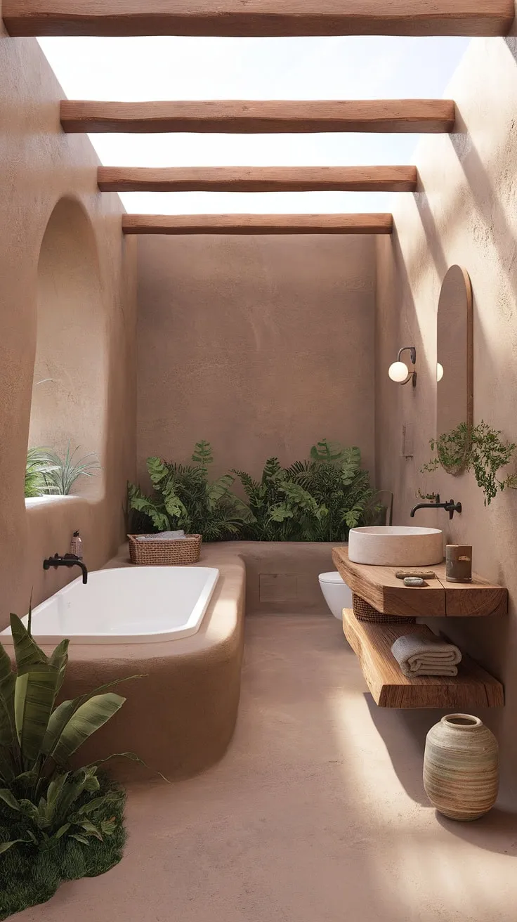 Create your ideal bathroom decor with an organic and rustic design featuring a white bathtub, wooden vanity, and natural stone, all harmonizing to evoke a calming earthy home design.