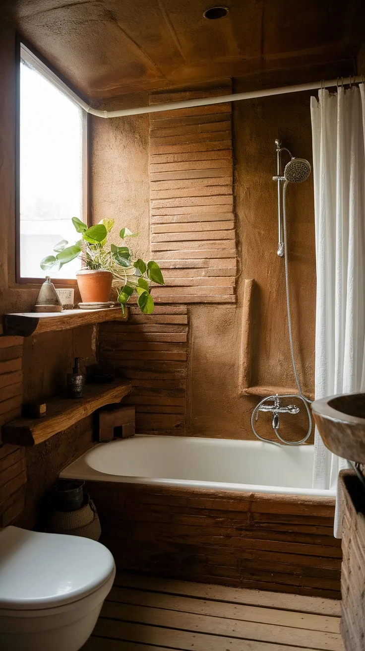 This earthy bathroom, featuring rustic design elements like a wooden shelf and brick-textured walls, serves as perfect bathroom inspiration for creating your dream organic and natural bathroom decor.