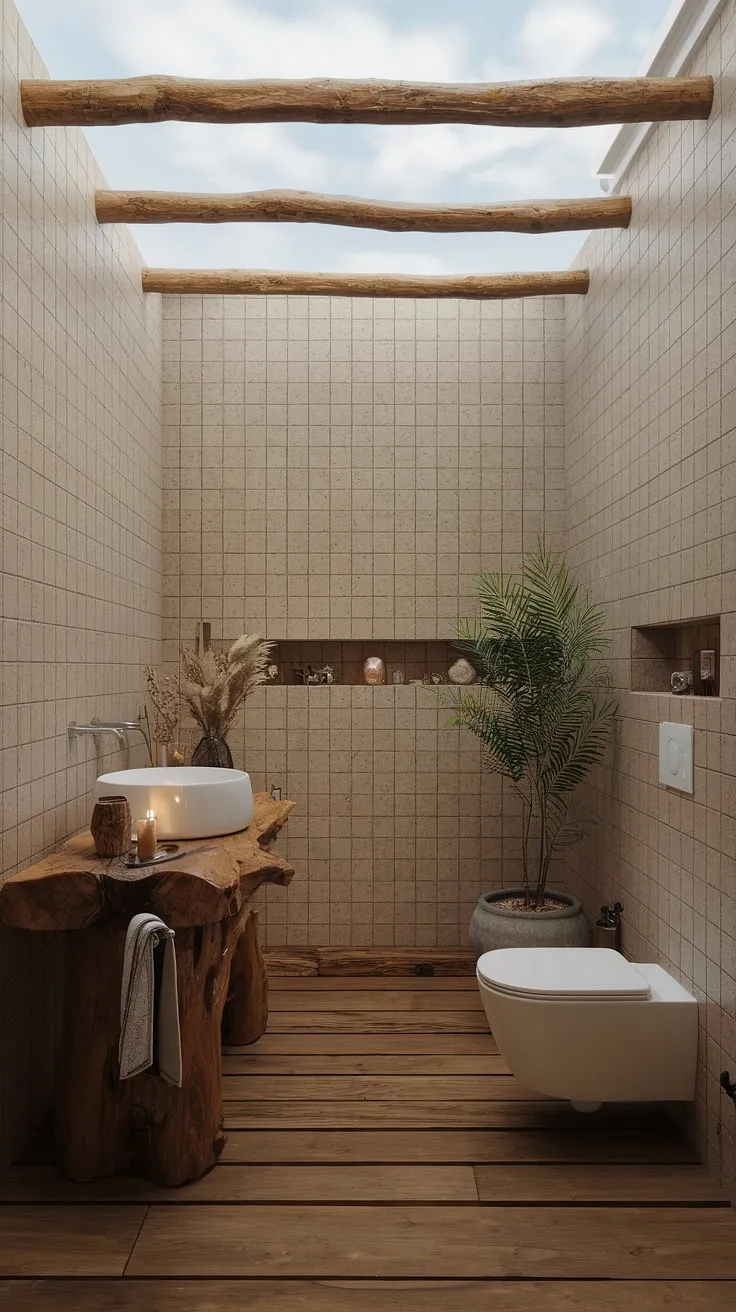 This earthy bathroom inspiration showcases a harmonious blend of rustic design and natural decor, creating a tranquil retreat with wooden accents and soothing beige tiles.