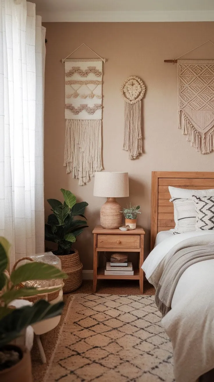 Escape to a serene boho haven where natural textures and warm lighting invite you to drift into dreamland.