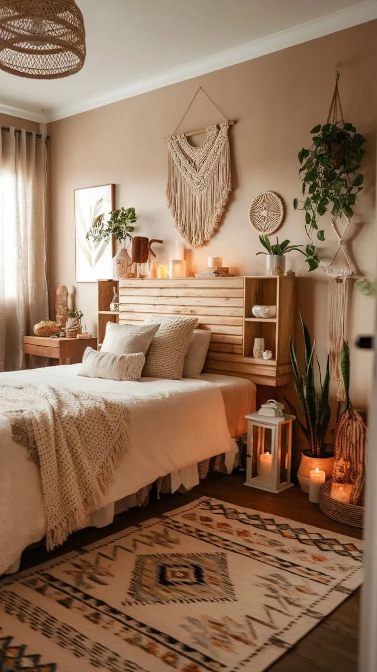 This cozy bedroom blends curated textures and mindful design into a tranquil retreat for relaxation and rejuvenation.