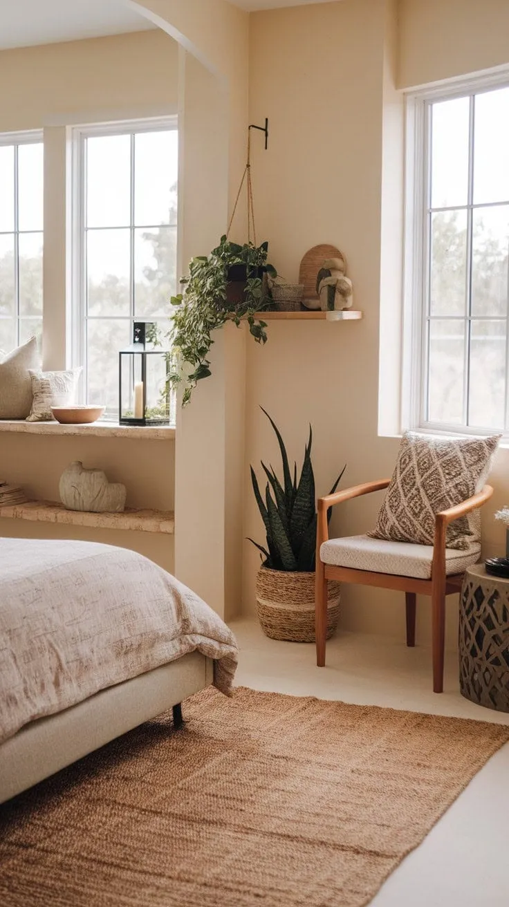 Awaken in a serene boho retreat where soft beige hues, plush comforts, and natural light harmonize to create a refreshing oasis.