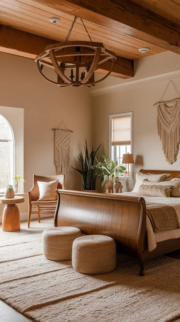 Discover tranquility in this beautifully crafted boho master bedroom, where rich textures and natural materials harmoniously blend to create a serene sanctuary for mindful living and self-connection.