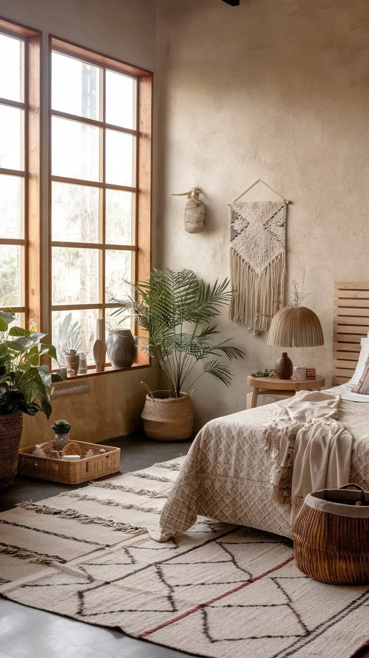 Awaken in a stylish sanctuary where warm hues and handcrafted details harmonize to create a cozy bohemian retreat.