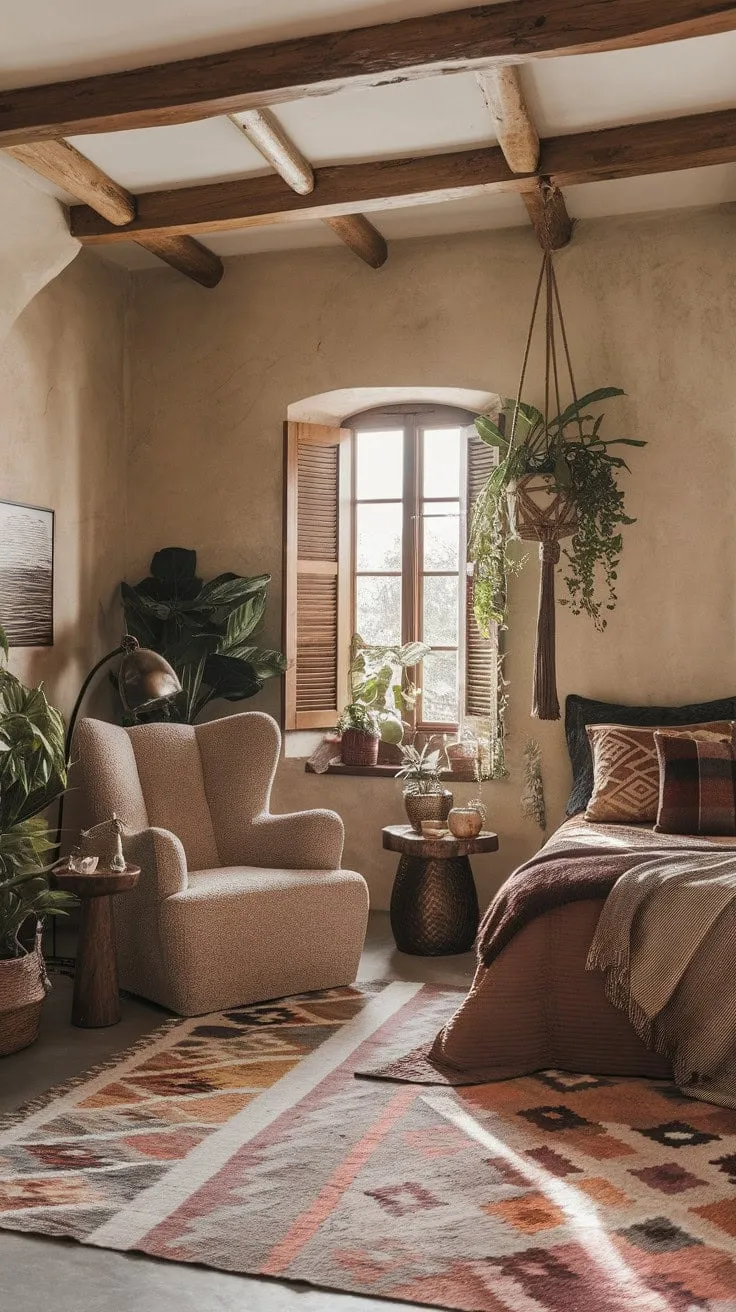 Escape into a dreamy boho sanctuary where natural light and cozy textures create a blissful retreat.