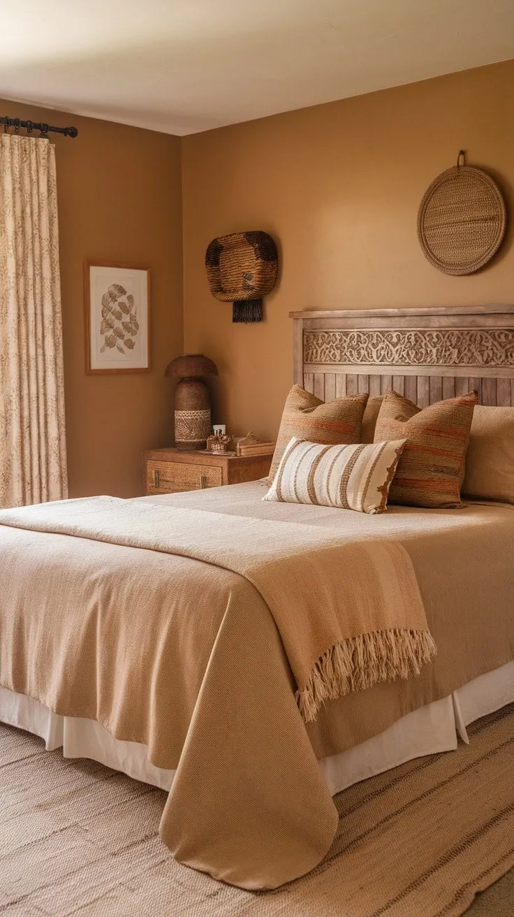 Transform your master bedroom into a serene boho retreat with warm beige walls, intricate wooden accents, and earthy tones that blend comfort and style.