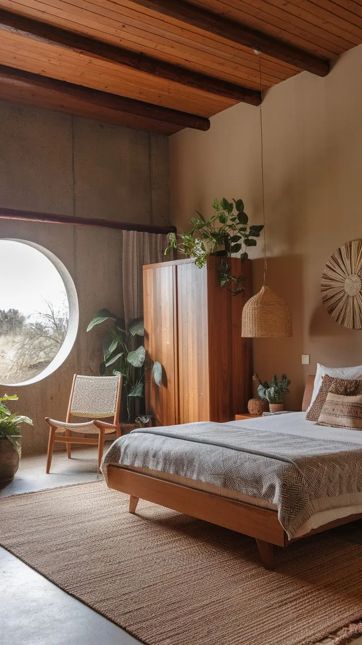 This serene master bedroom blends natural light, concrete, and wood into a tranquil haven of understated elegance, perfect for relaxation and rejuvenation.