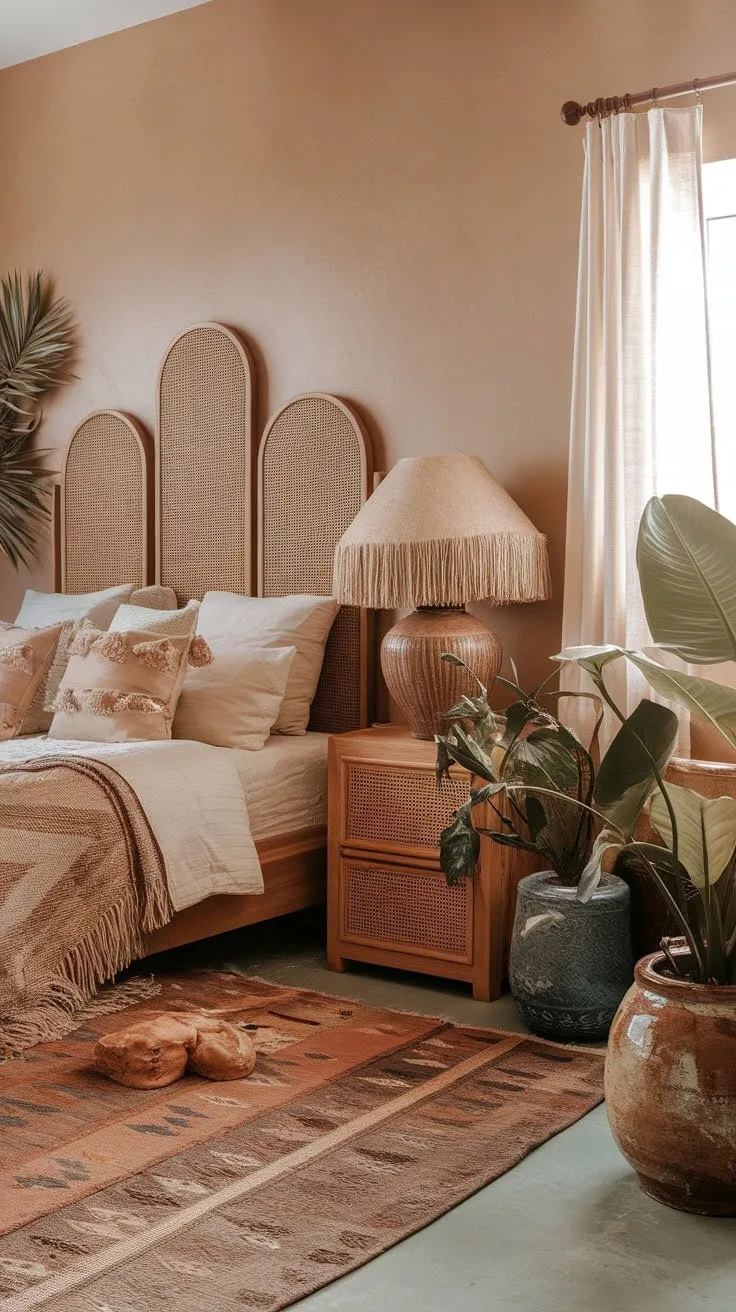 This bedroom, adorned with a woven headboard and artisanal accents, offers a serene sanctuary that beautifully blends natural materials with personal touches for ultimate relaxation.