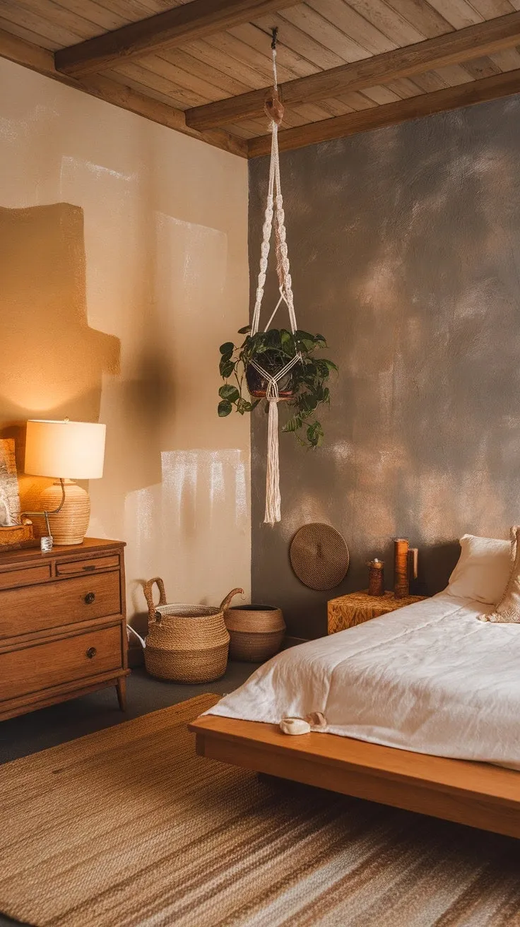 Discover tranquility in this cozy boho bedroom, where natural textures and warm lighting blend with handcrafted details to create a haven of comfort and rejuvenation.