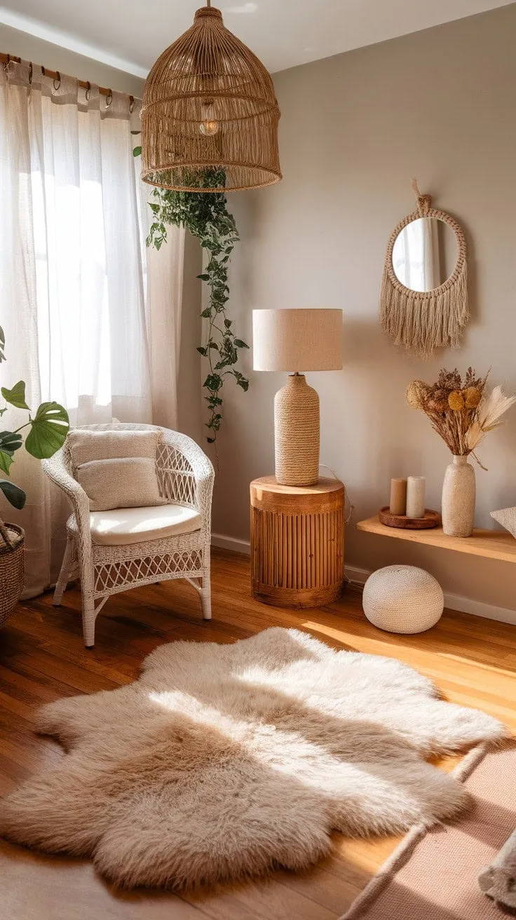 Escape to tranquility in this serene boho bedroom, where soft light and natural materials harmonize to create a peaceful retreat for mindful living.